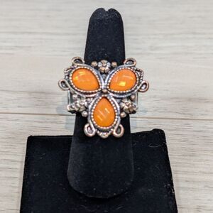 Orange Stone Cluster Stretch Ring Silver Tone Boho Statement Adjustable
